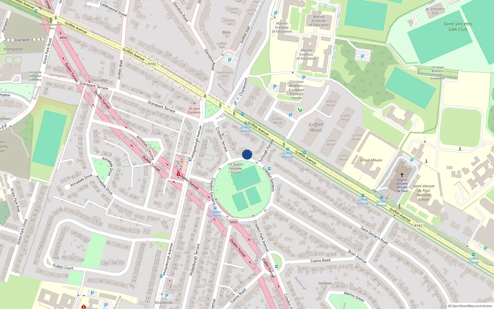 Overhead map showing the location of 12 Croydon Gardens, Dublin 3, Dublin