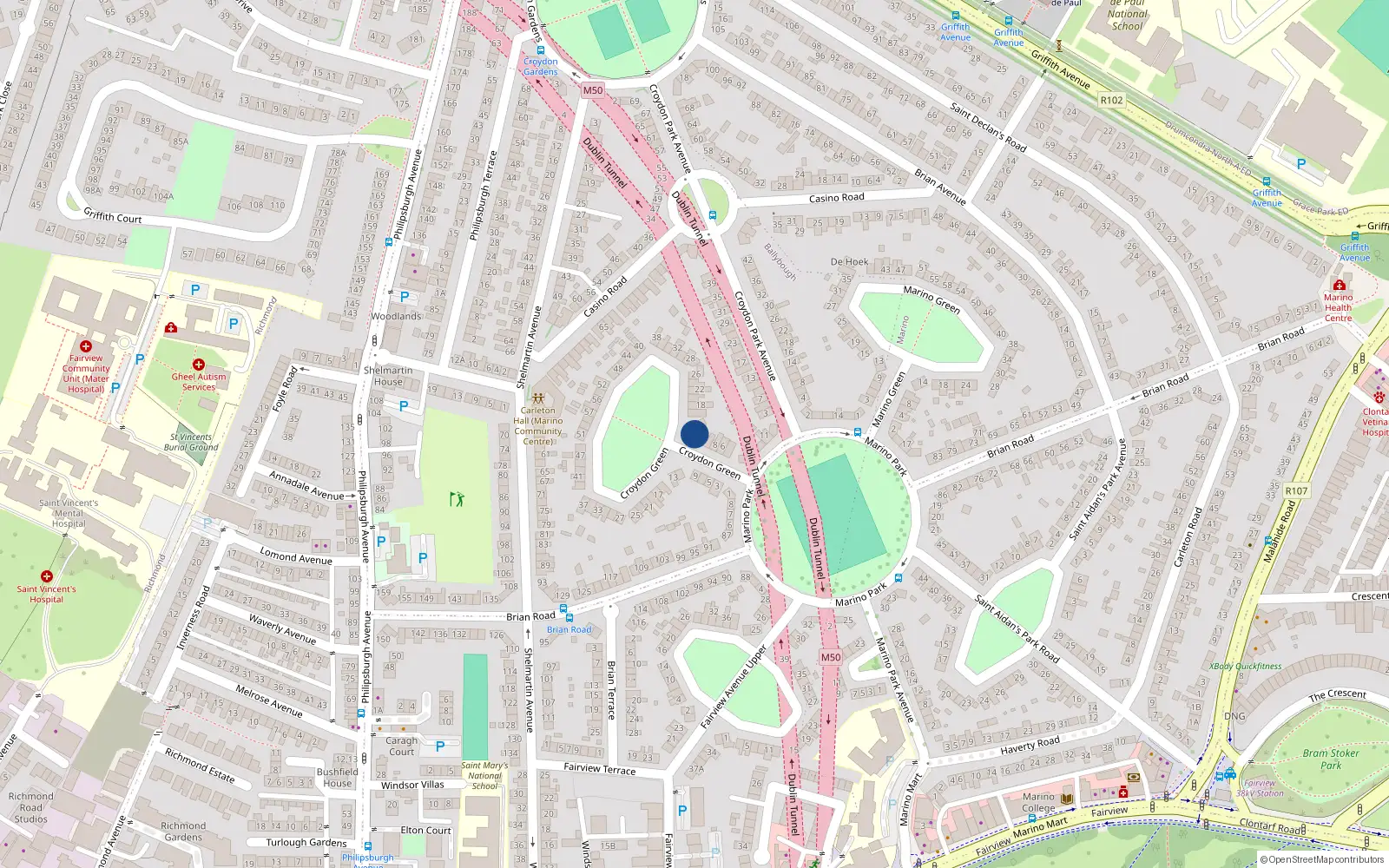 Overhead map showing the location of 12 Croydon Green, Marino, Dublin 3