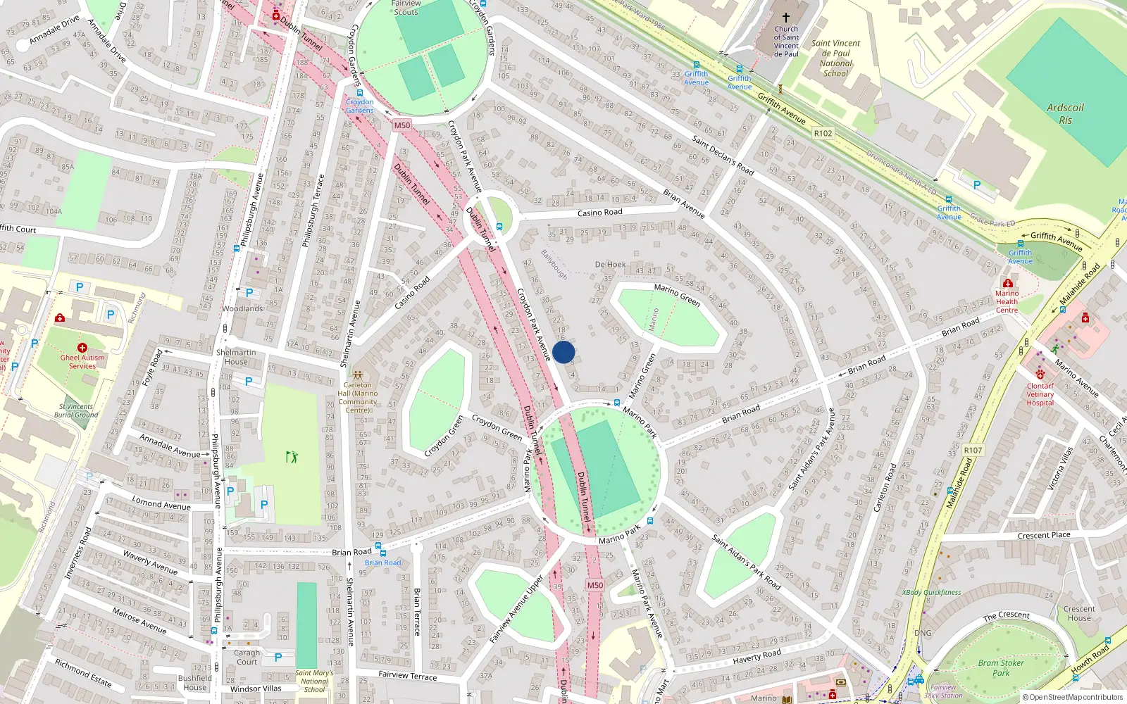 Overhead map showing the location of 12 Croydon Park Avenue, Dublin 3