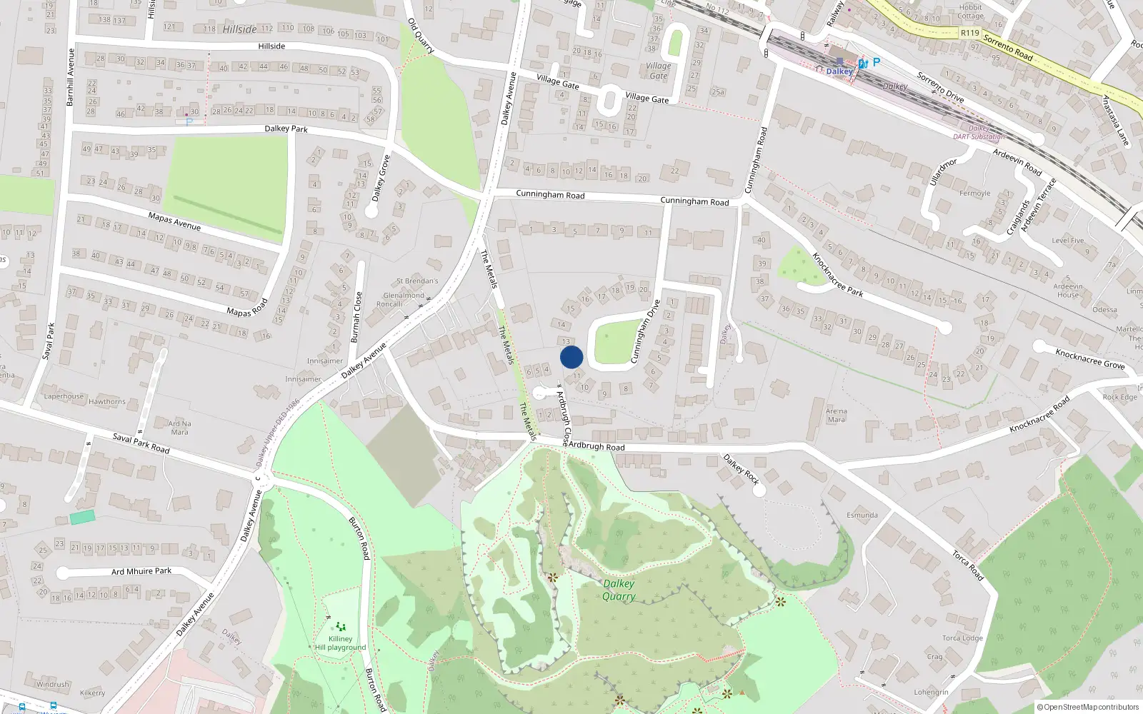 Overhead map showing the location of 12 Cunningham Drive, Dalkey