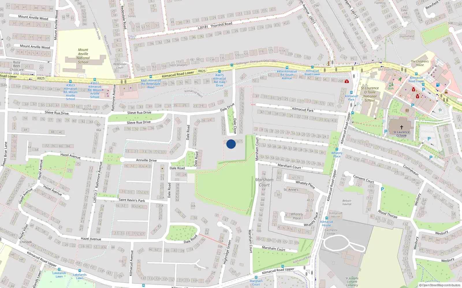 Overhead map showing the location of 12 Dale Close, Dublin