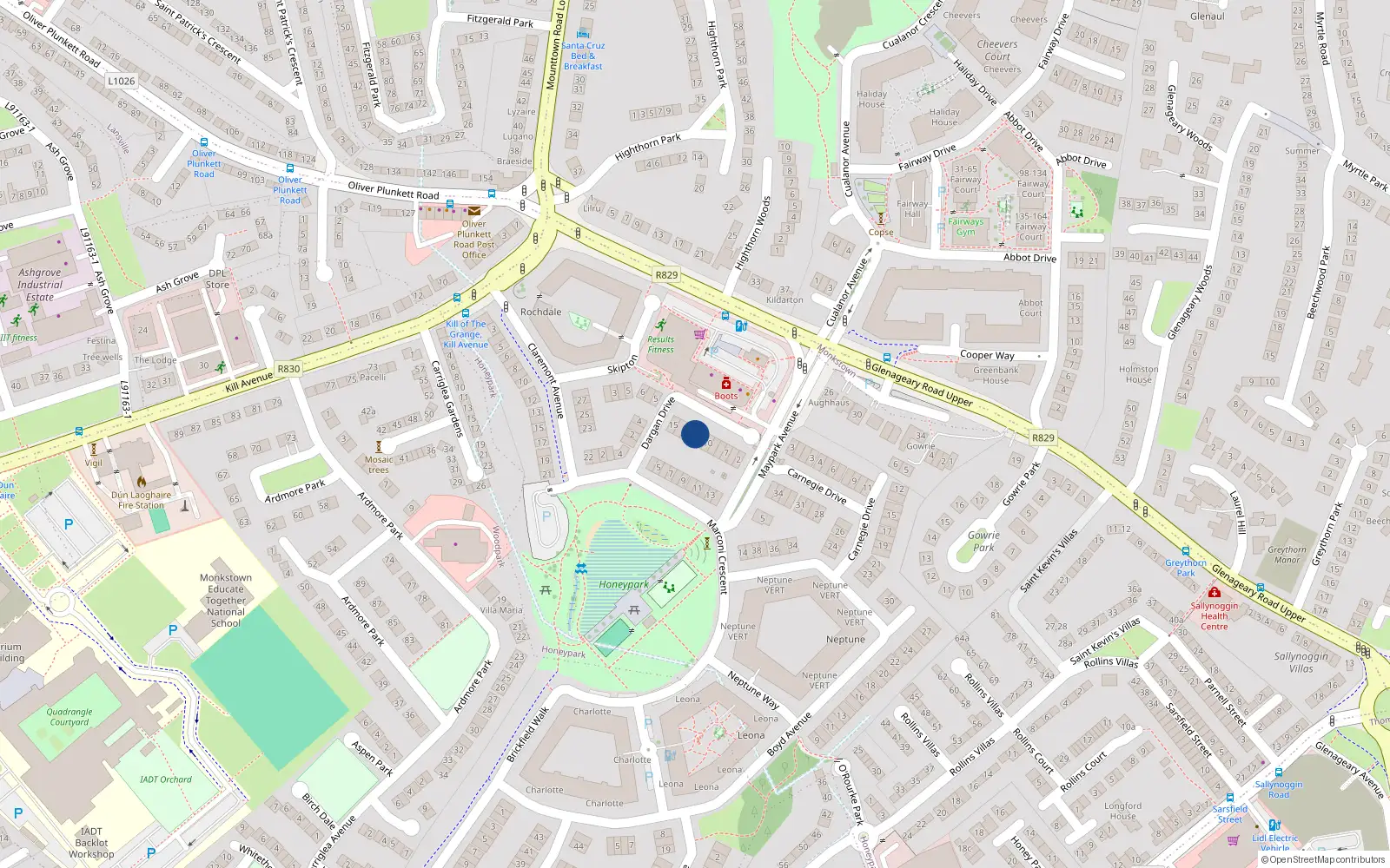 Overhead map showing the location of 12 Dargan Drive, Dun Laoghaire