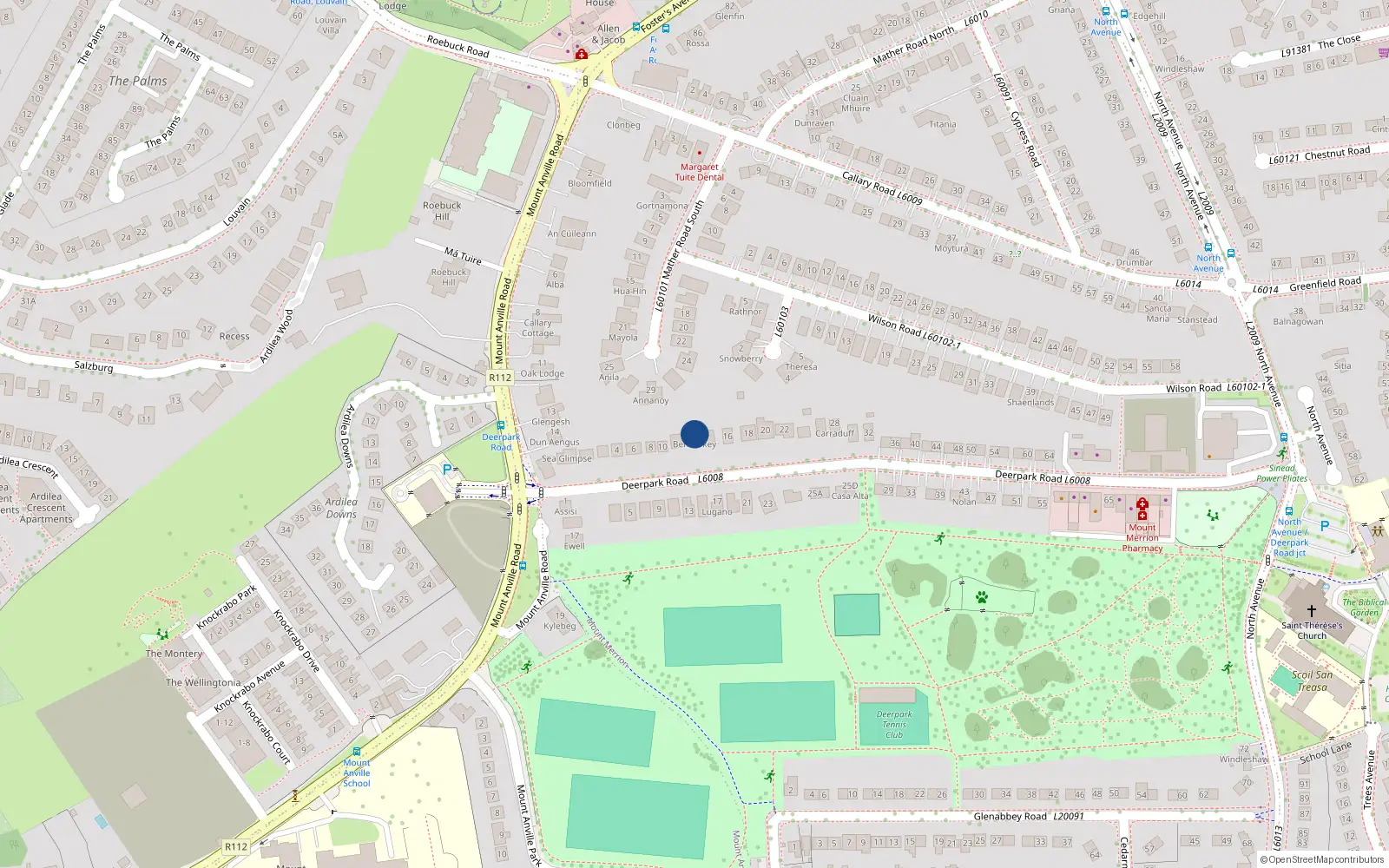 Overhead map showing the location of 12 Deerpark Road, Blackrock