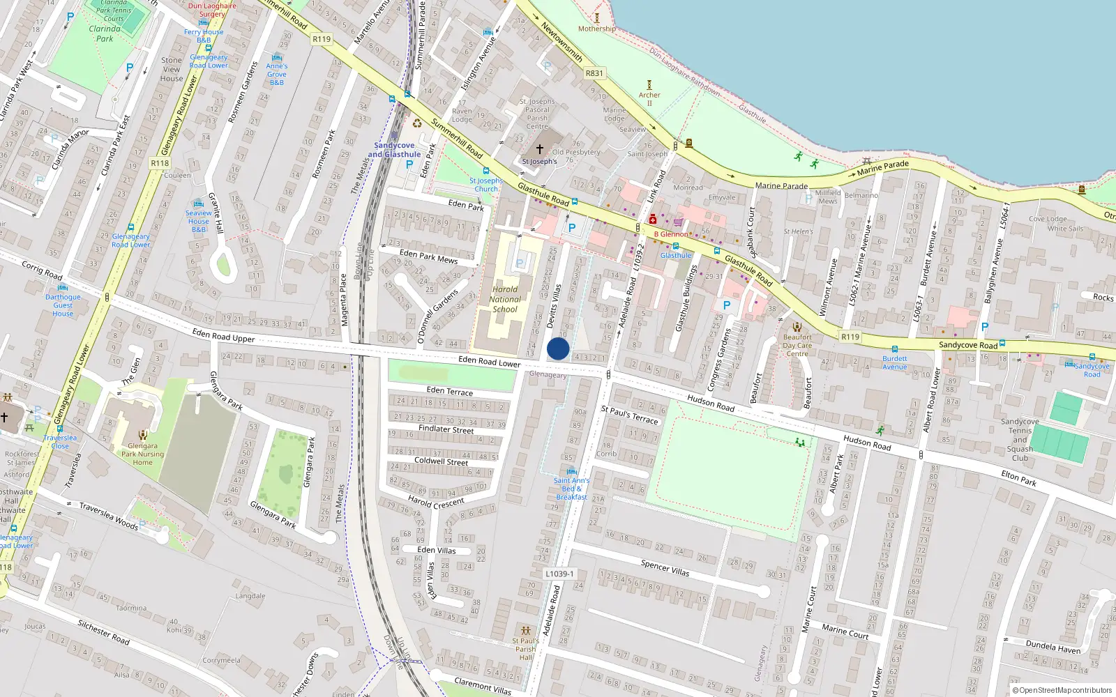 Overhead map showing the location of 12 Devitt Villas, Glasthule, Dublin