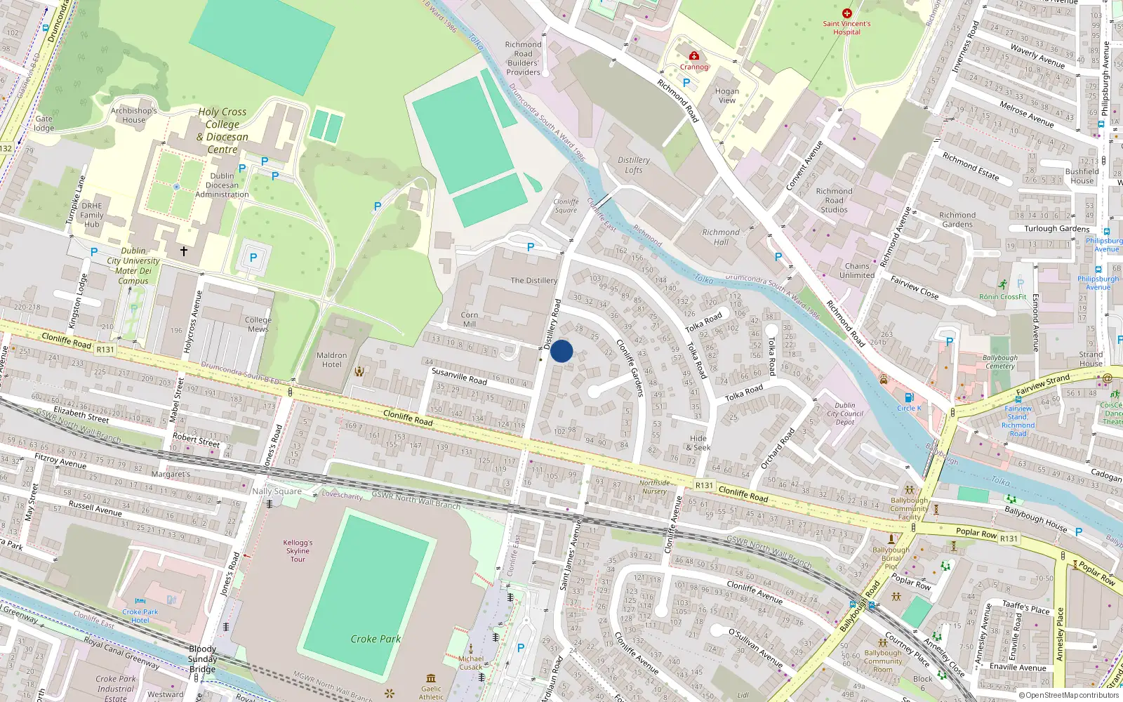 Overhead map showing the location of 12 Distillery Road, Dublin 3