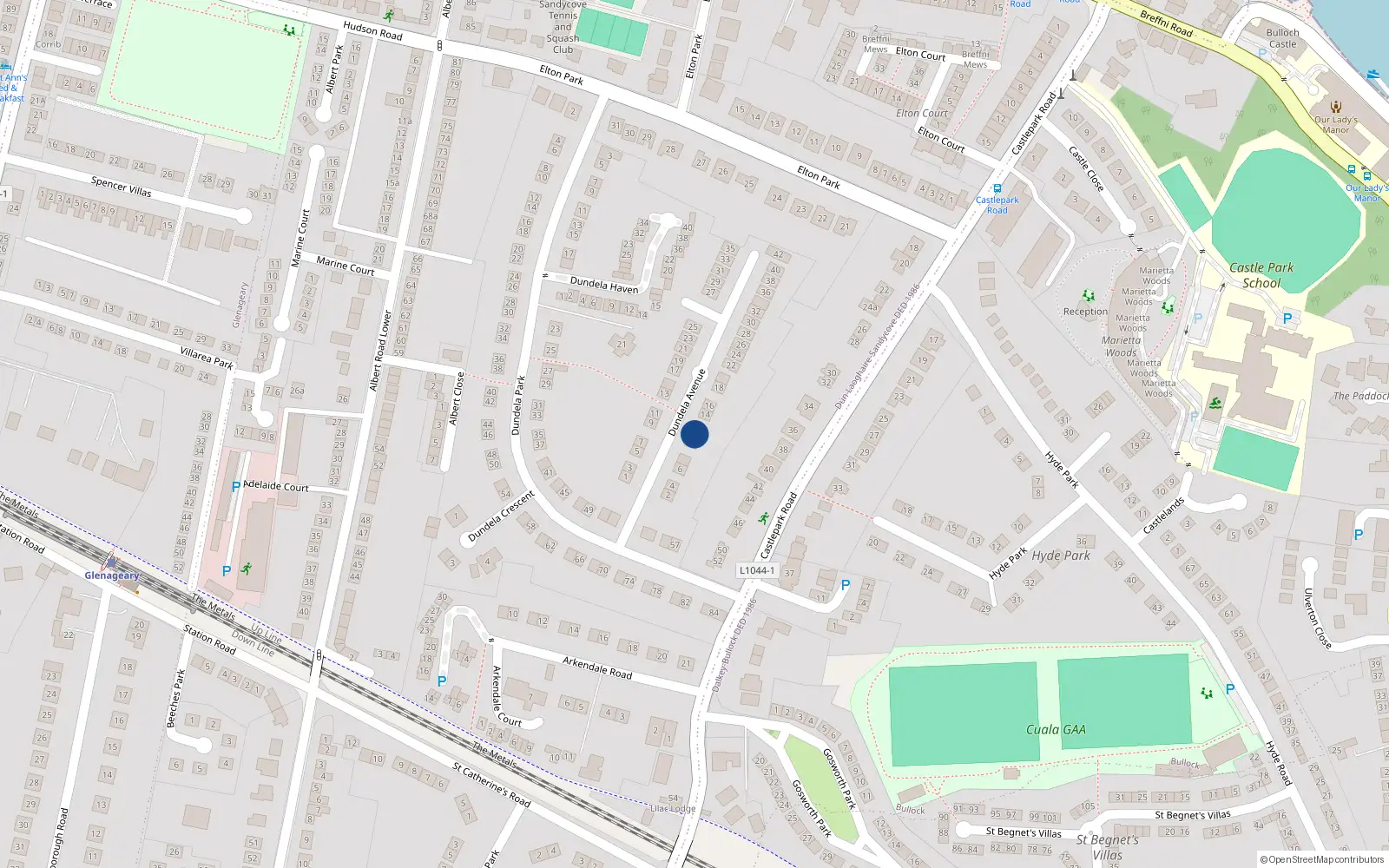 Overhead map showing the location of 12 Dundela Avenue, Dun Laoghaire, Dublin