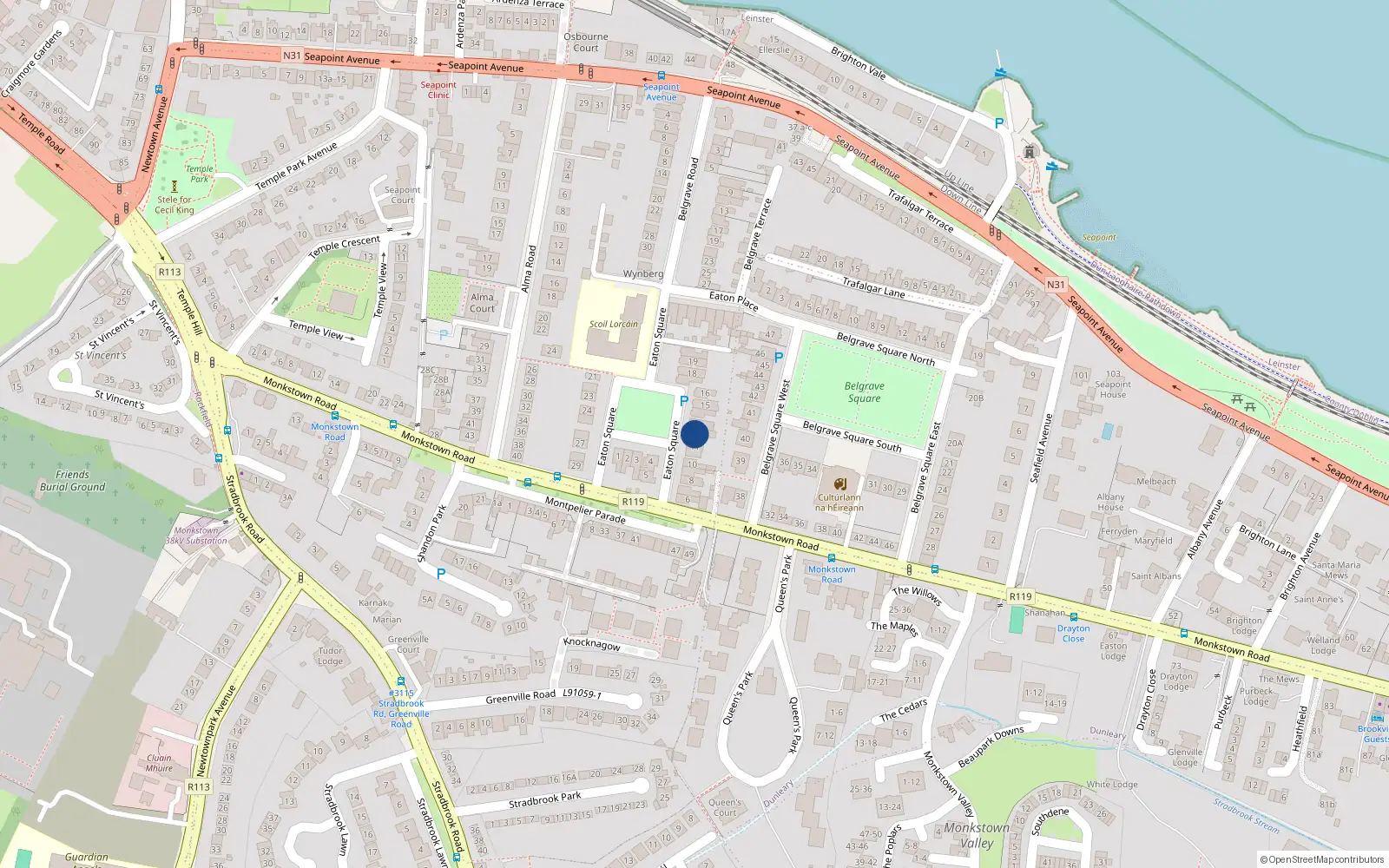 Overhead map showing the location of 12 Eaton Square, Blackrock