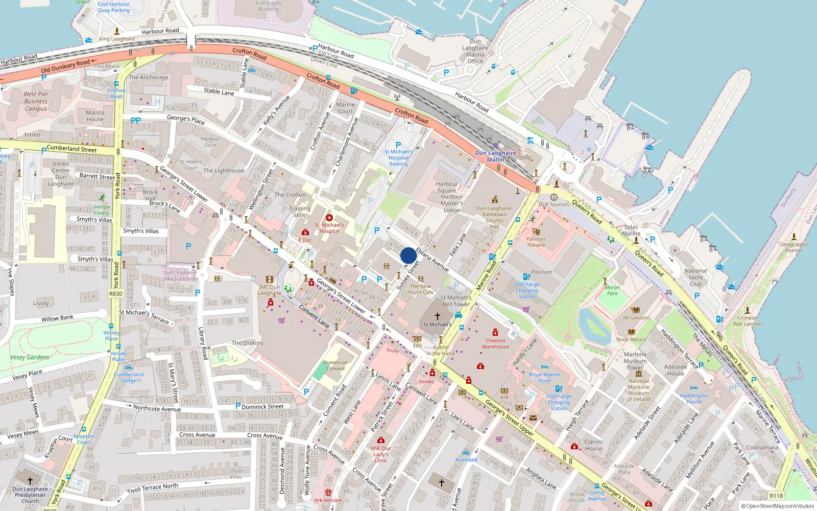 Overhead map showing the location of 12 Eblana Avenue, Dun Laoghaire, Dublin