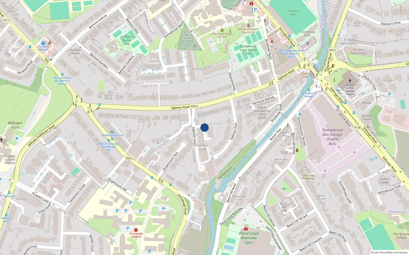 Overhead map showing the location of 12 Eglinton Court, Donnybrook