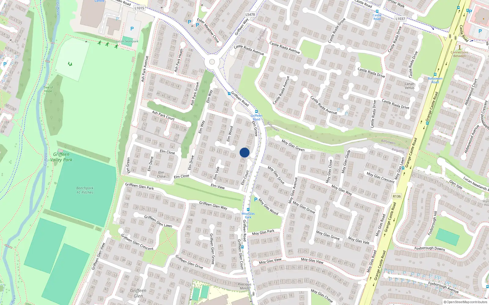 Overhead map showing the location of 12 Elm Grove, Lucan