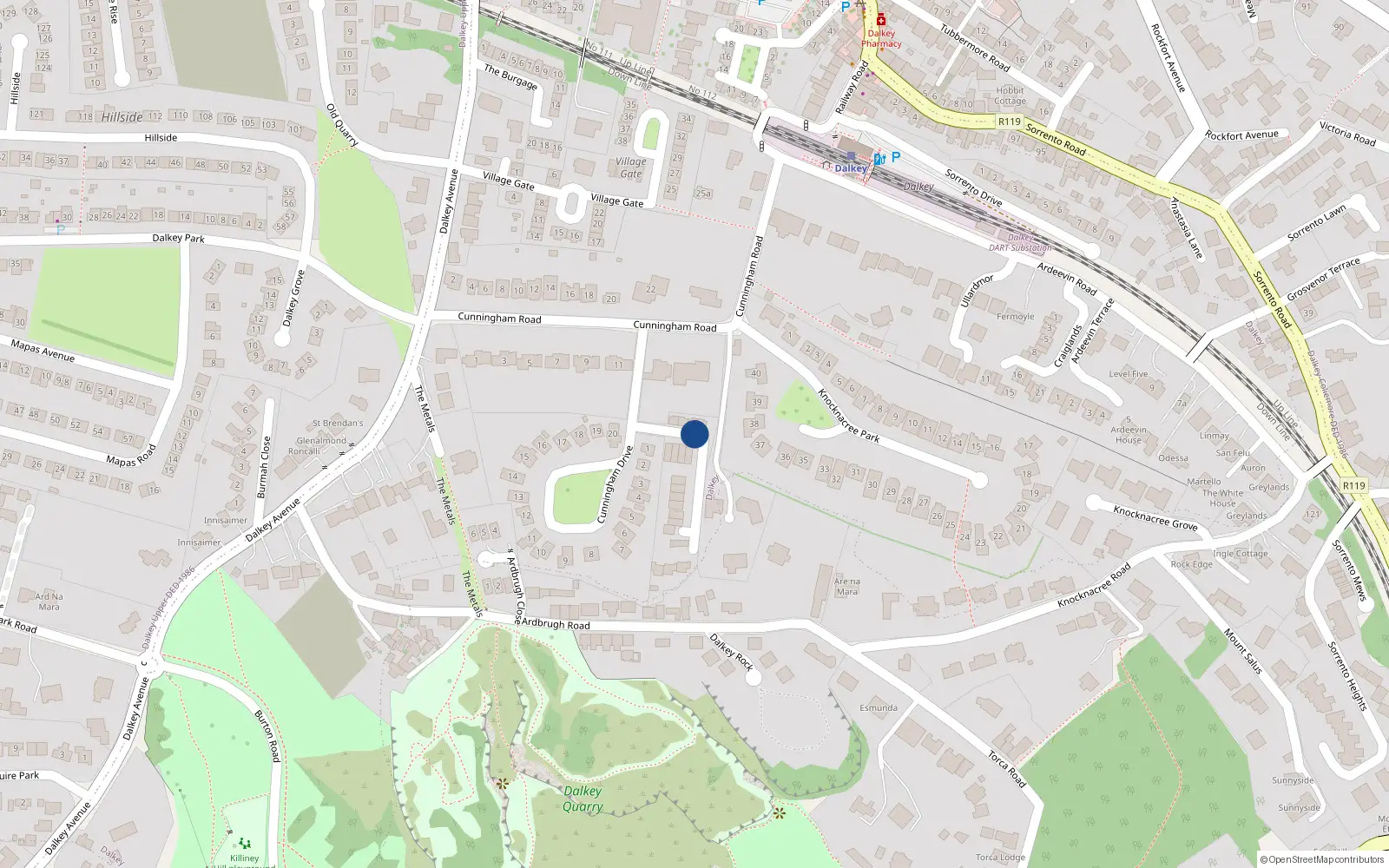 Overhead map showing the location of 12 Enderly Dalkey, Dalkey