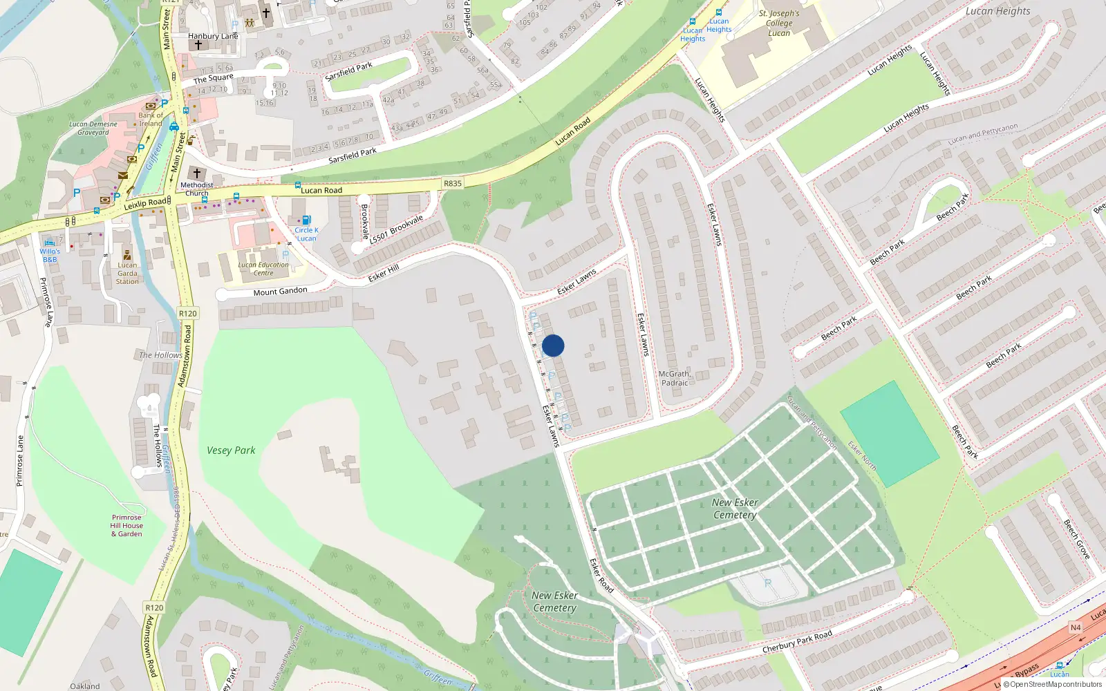 Overhead map showing the location of 12 Esker Lawns, Lucan