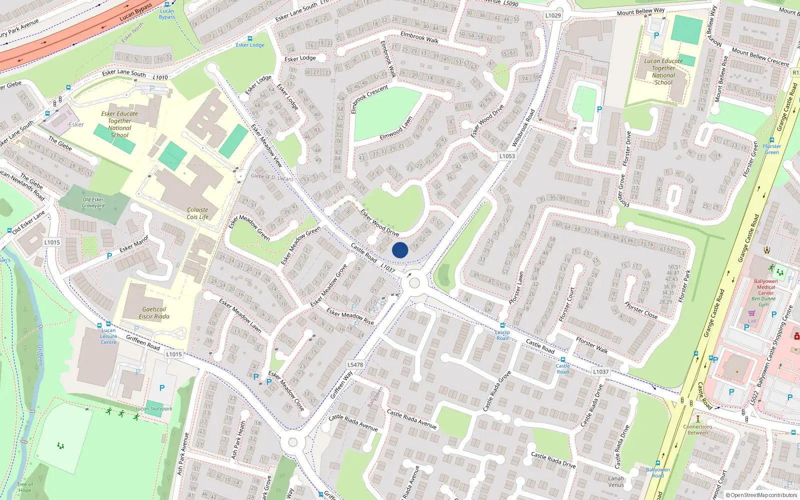 Overhead map showing the location of 12 Esker Wood Drive, Lucan