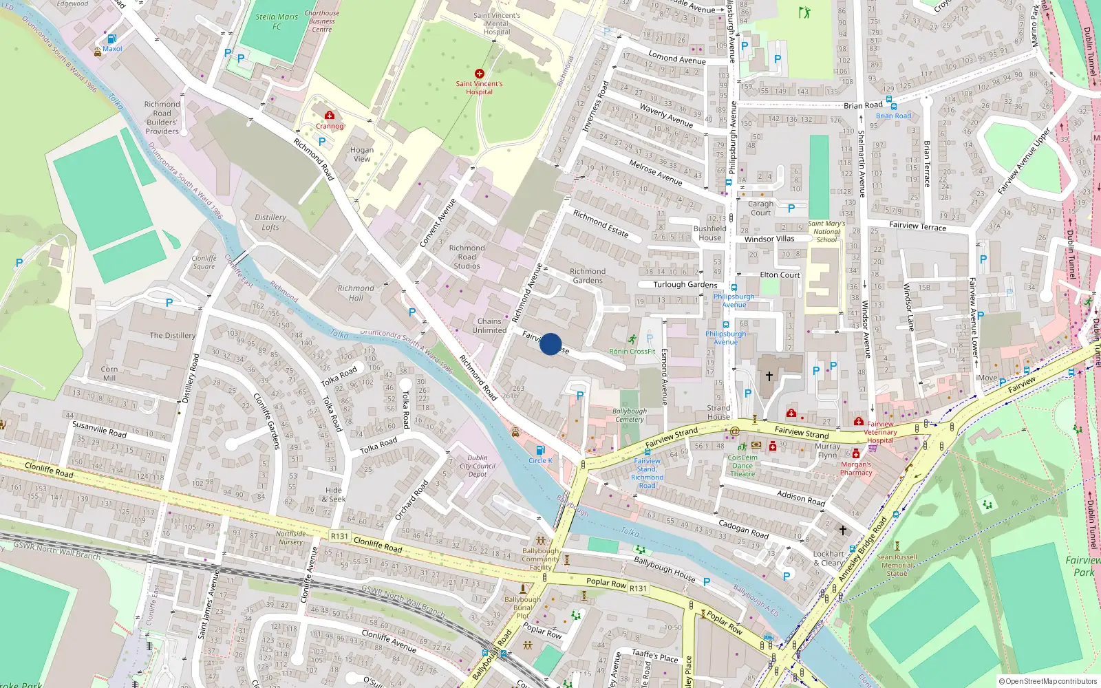 Overhead map showing the location of 12 Fairview Close, Cabra - Glasnevin