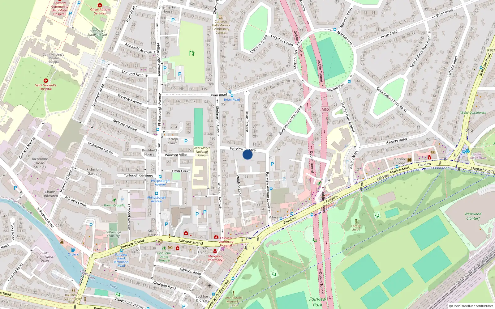 Overhead map showing the location of 12 Fairview Terrace, Dublin 3