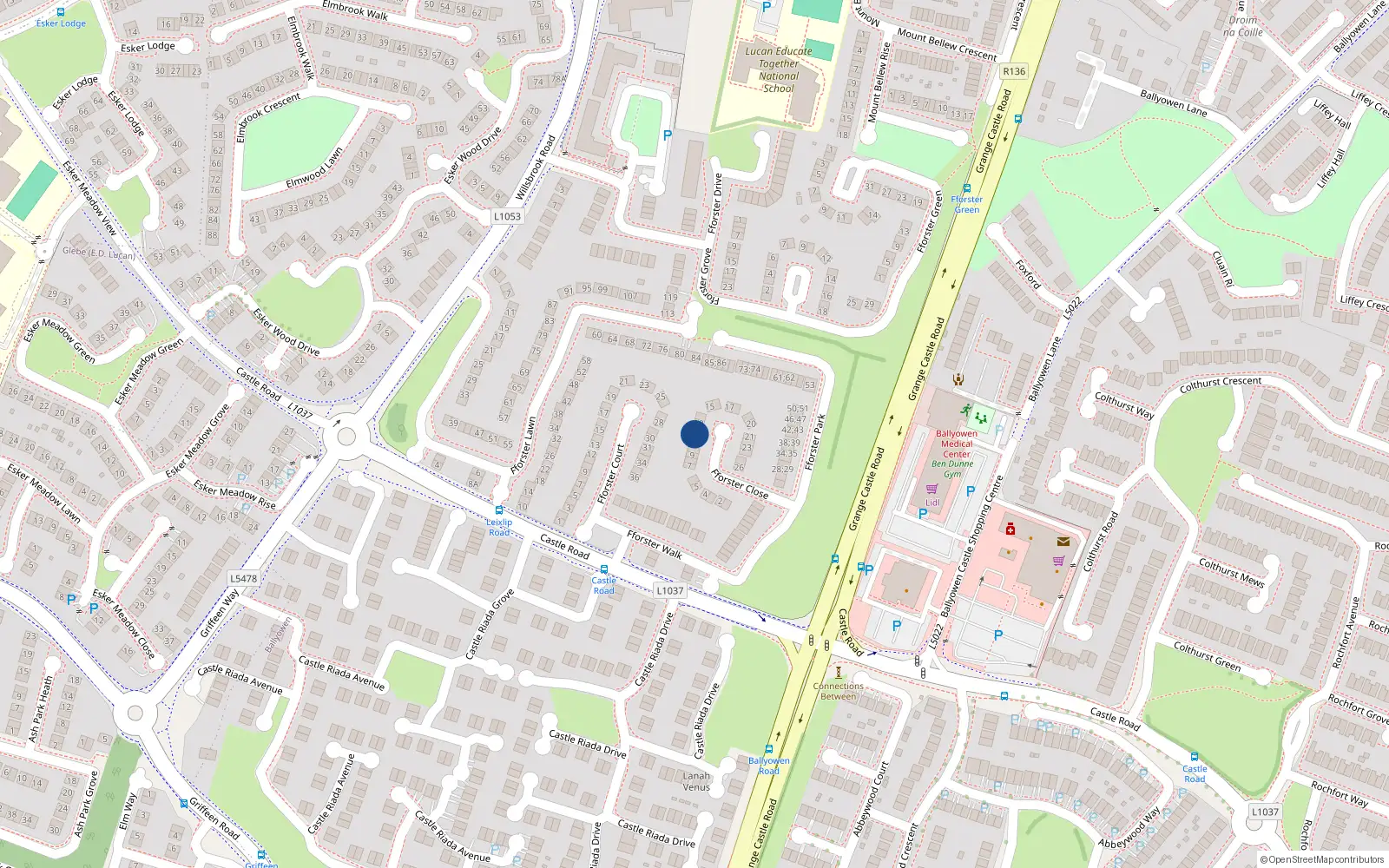 Overhead map showing the location of 12 Fforster Close, Lucan