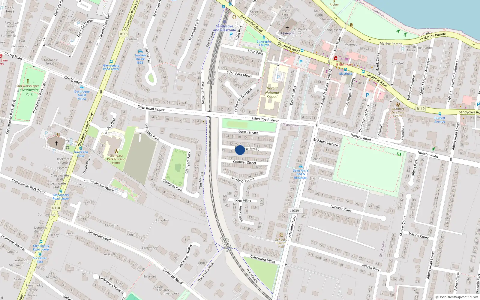 Overhead map showing the location of 12 Findlater St, Glasthule, Dun Laoghaire