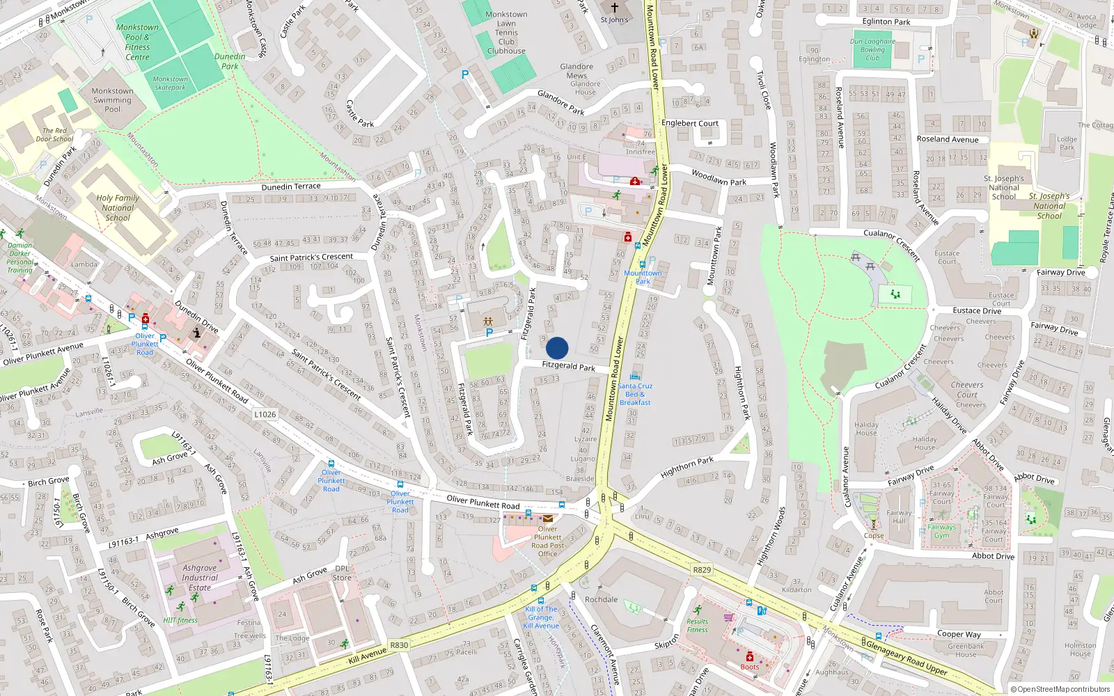 Overhead map showing the location of 12 Fitzgerald Park, Dun Laoghaire
