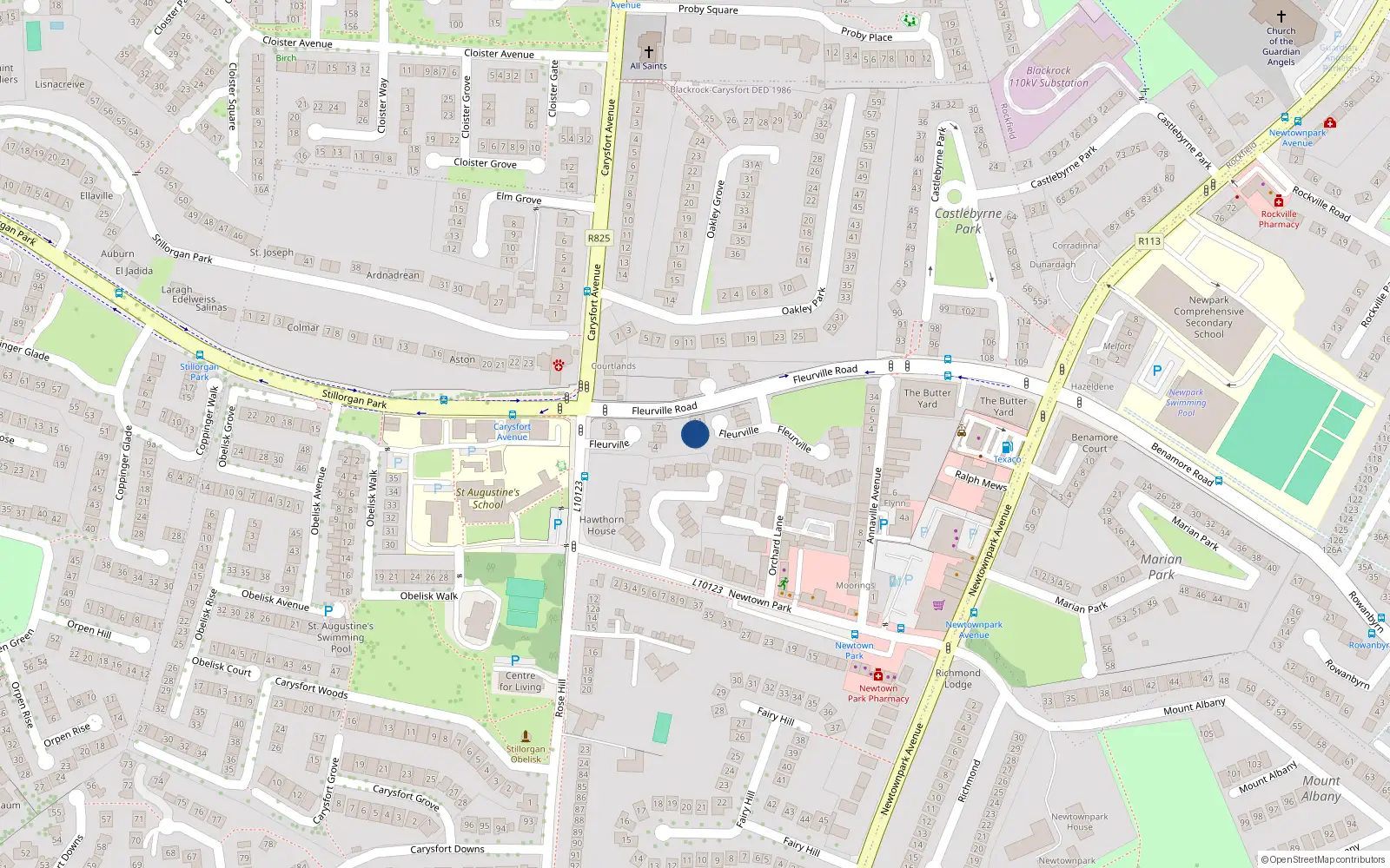 Overhead map showing the location of 12 Fleurville, Carysfort Avenue, Blackrock