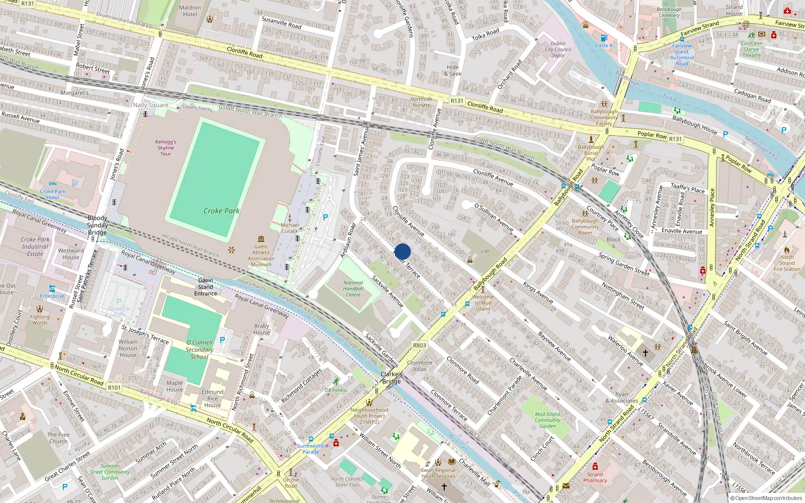 Overhead map showing the location of 12 Foster Terrace, Ballybough, Dublin 3