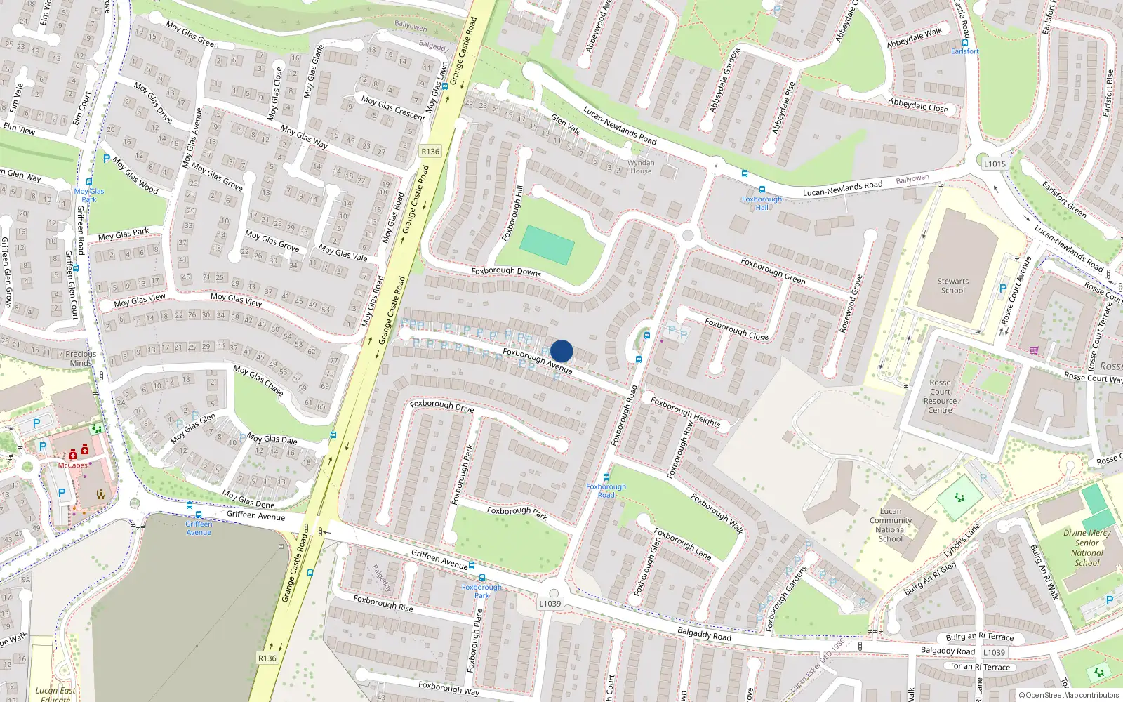 Overhead map showing the location of 12 Foxborough Avenue, Lucan, Dublin