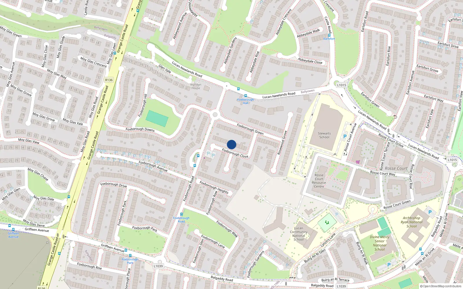 Overhead map showing the location of 12 Foxborough Close, Lucan, Dublin