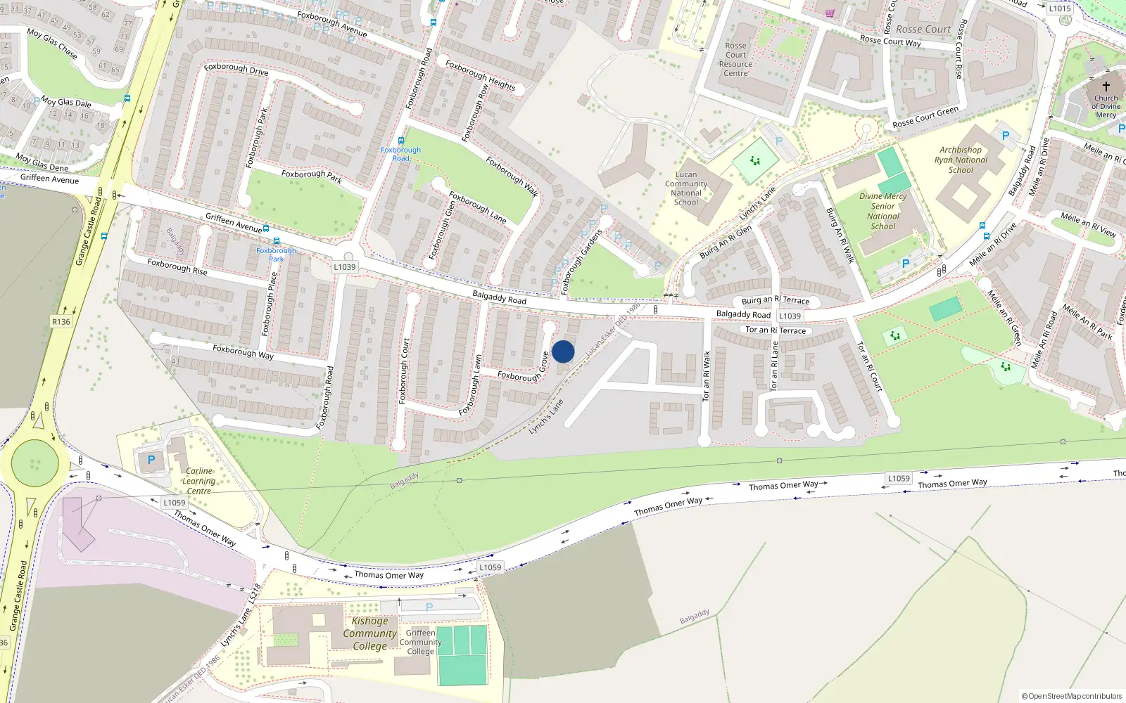 Overhead map showing the location of 12 Foxborough Grove, Lucan