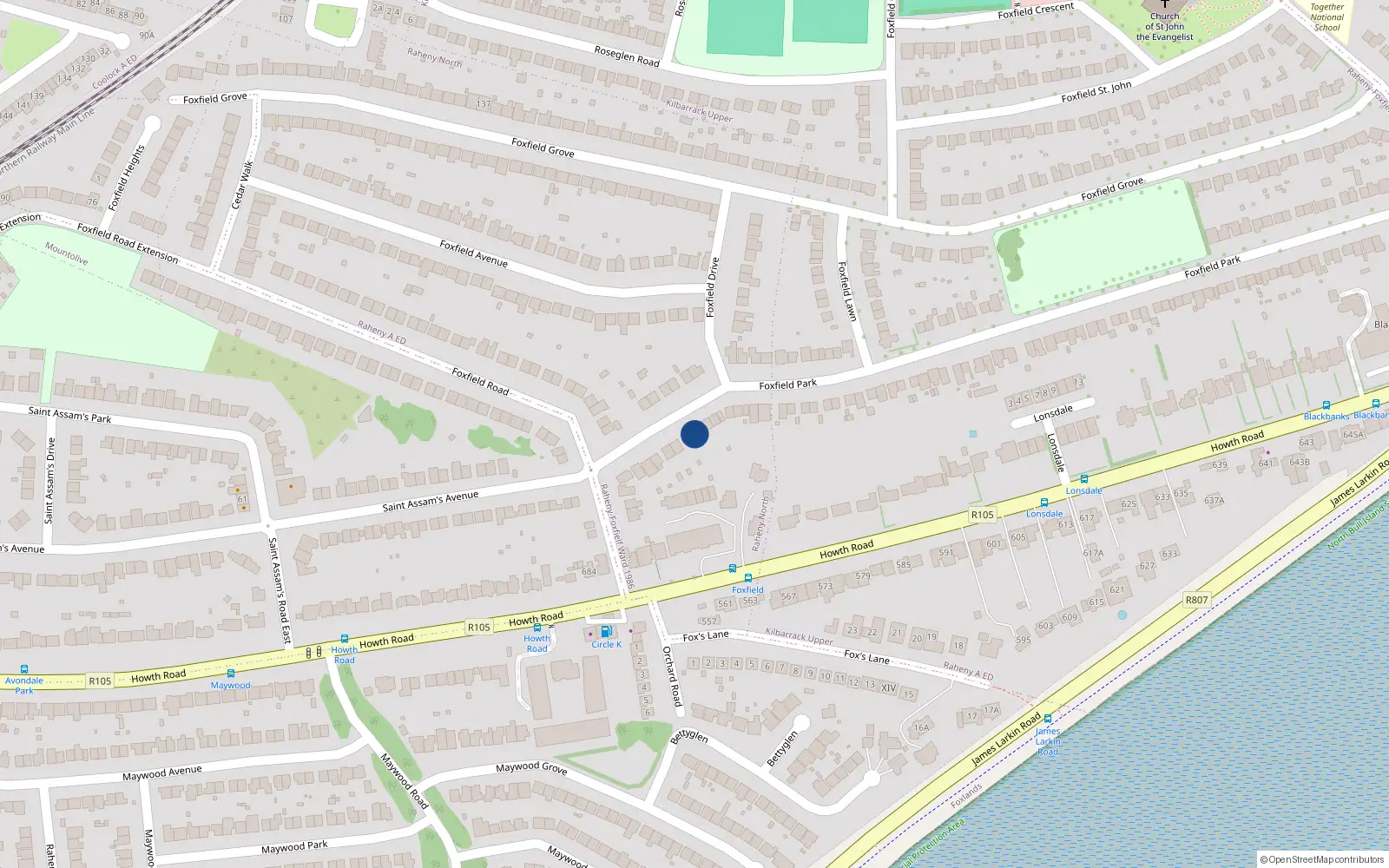 Overhead map showing the location of 12 Foxfield Park, Raheny, Dublin 5