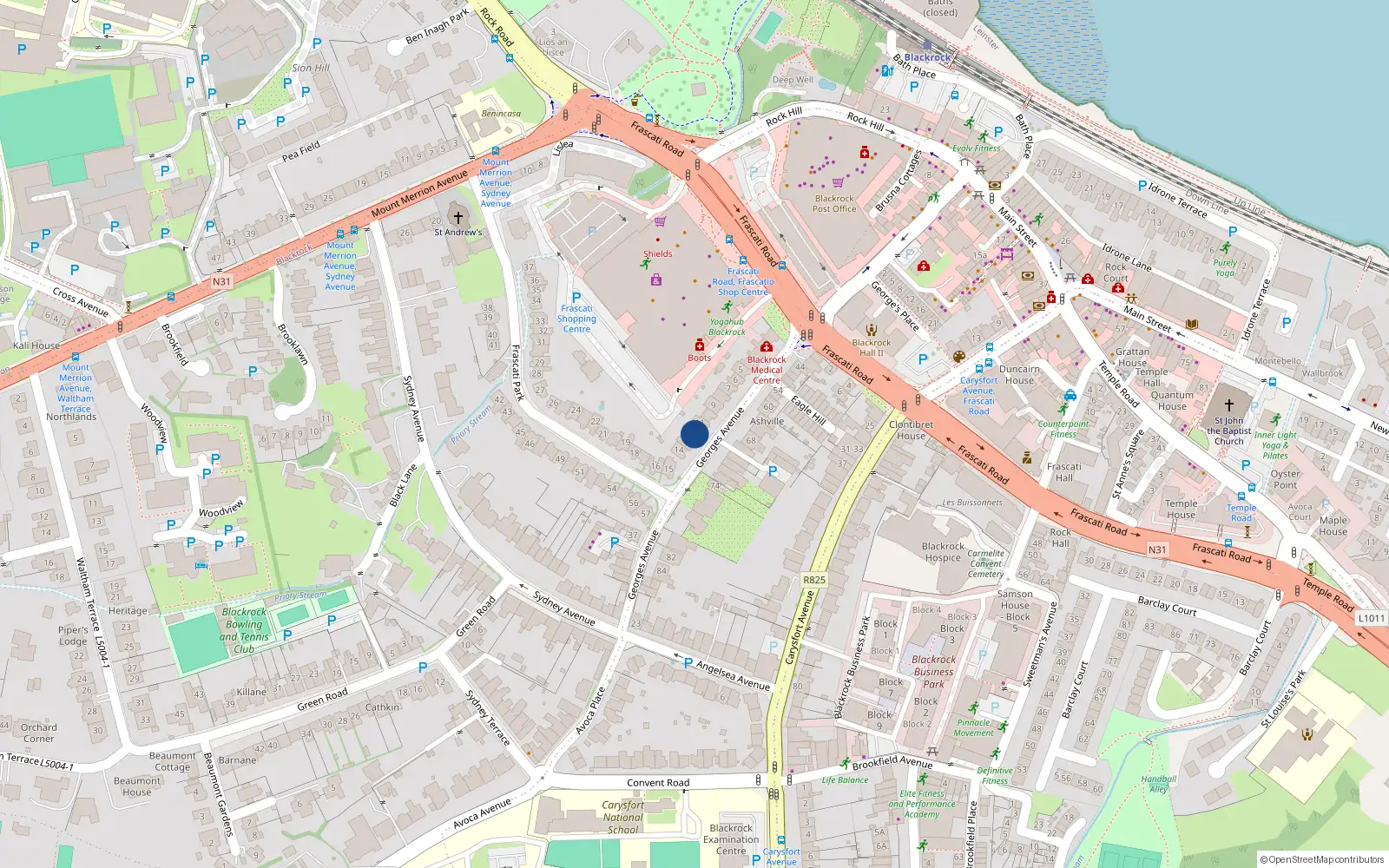 Overhead map showing the location of 12 Frascati Park, Blackrock