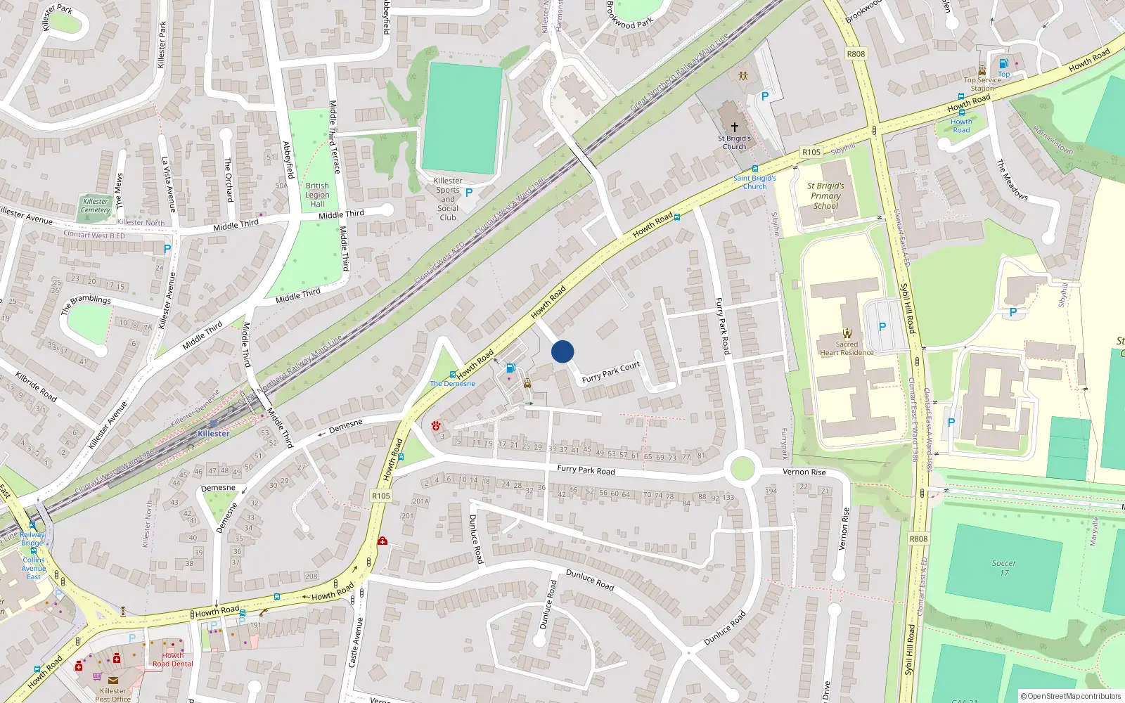 Overhead map showing the location of 12 Furry Park Court, Dublin 5