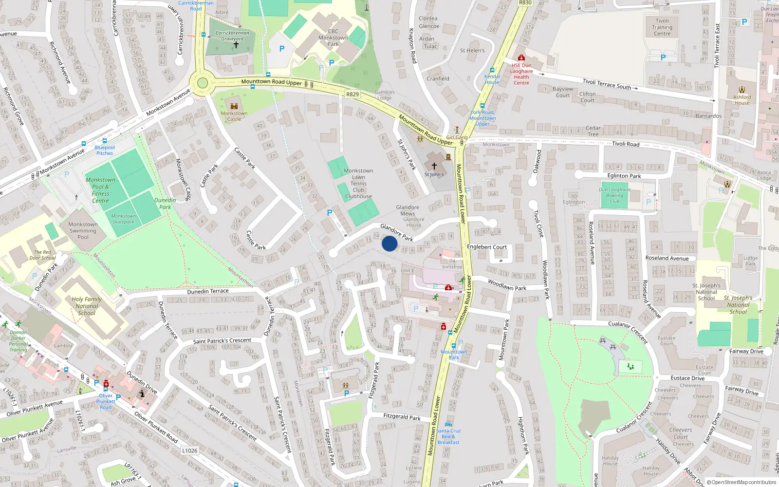 Overhead map showing the location of 12 Glandore Park, Monkstown, Dublin