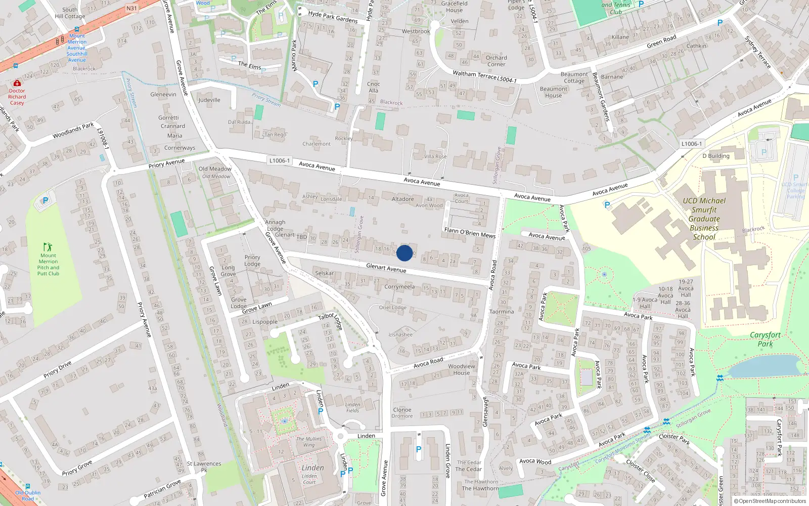 Overhead map showing the location of 12 Glenart Avenue, Blackrock