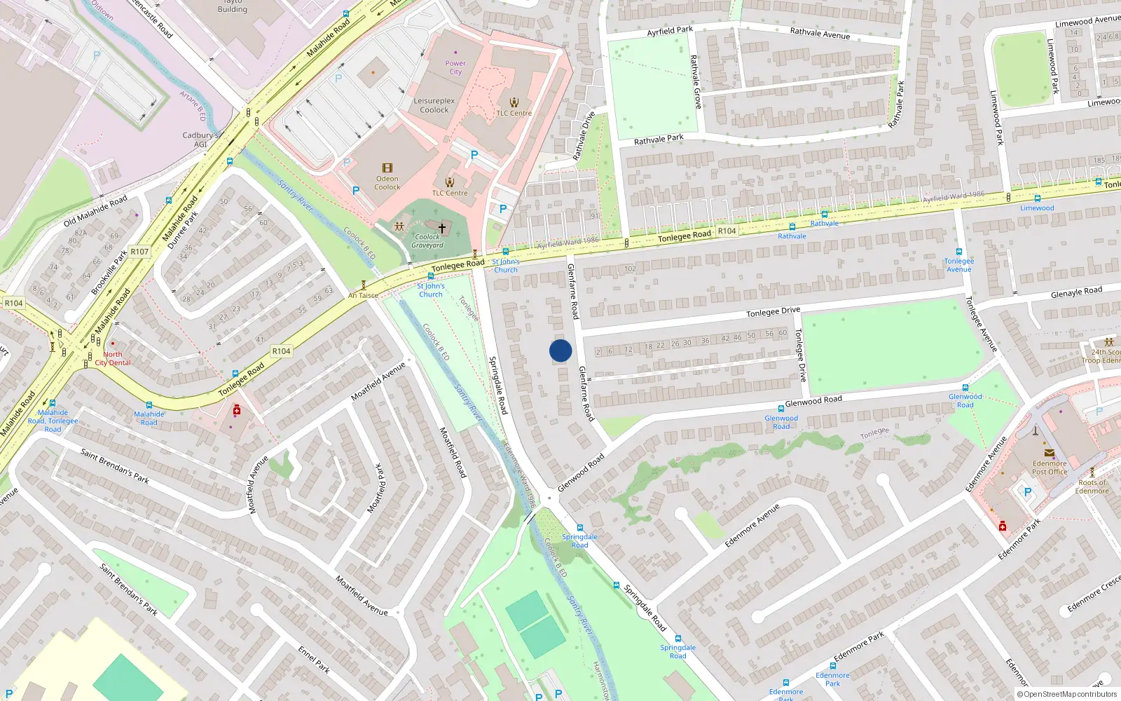 Overhead map showing the location of 12 Glenfarne Road, Dublin 5