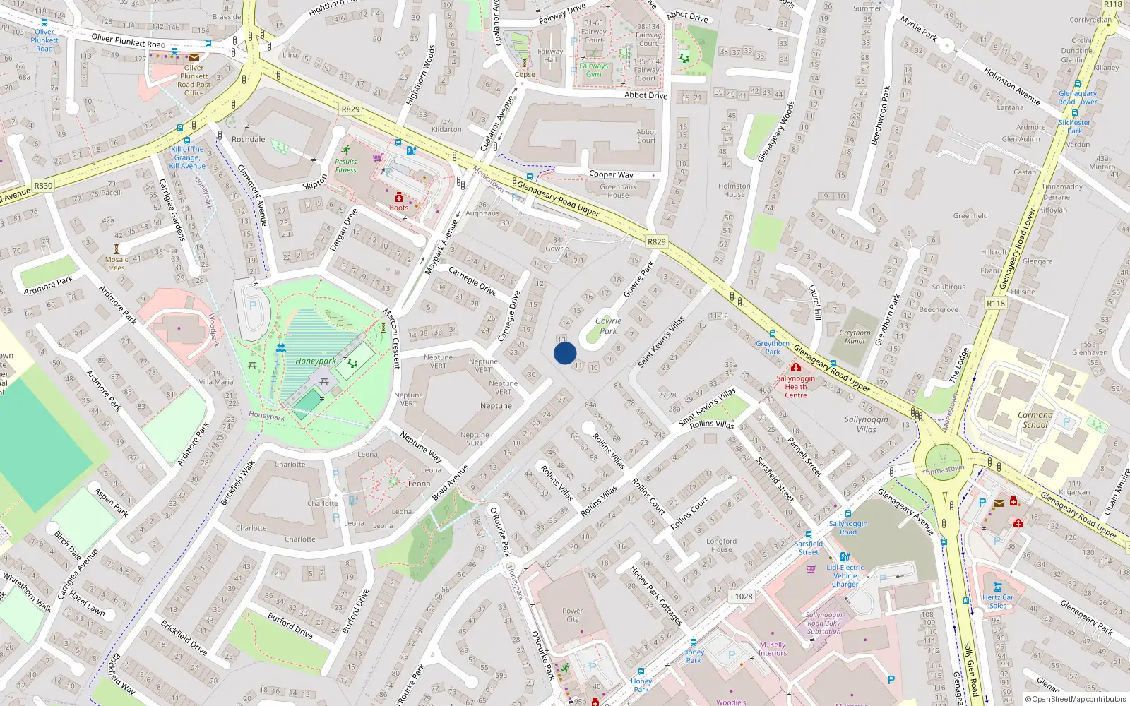 Overhead map showing the location of 12 Gowrie Park, Sallynoggin