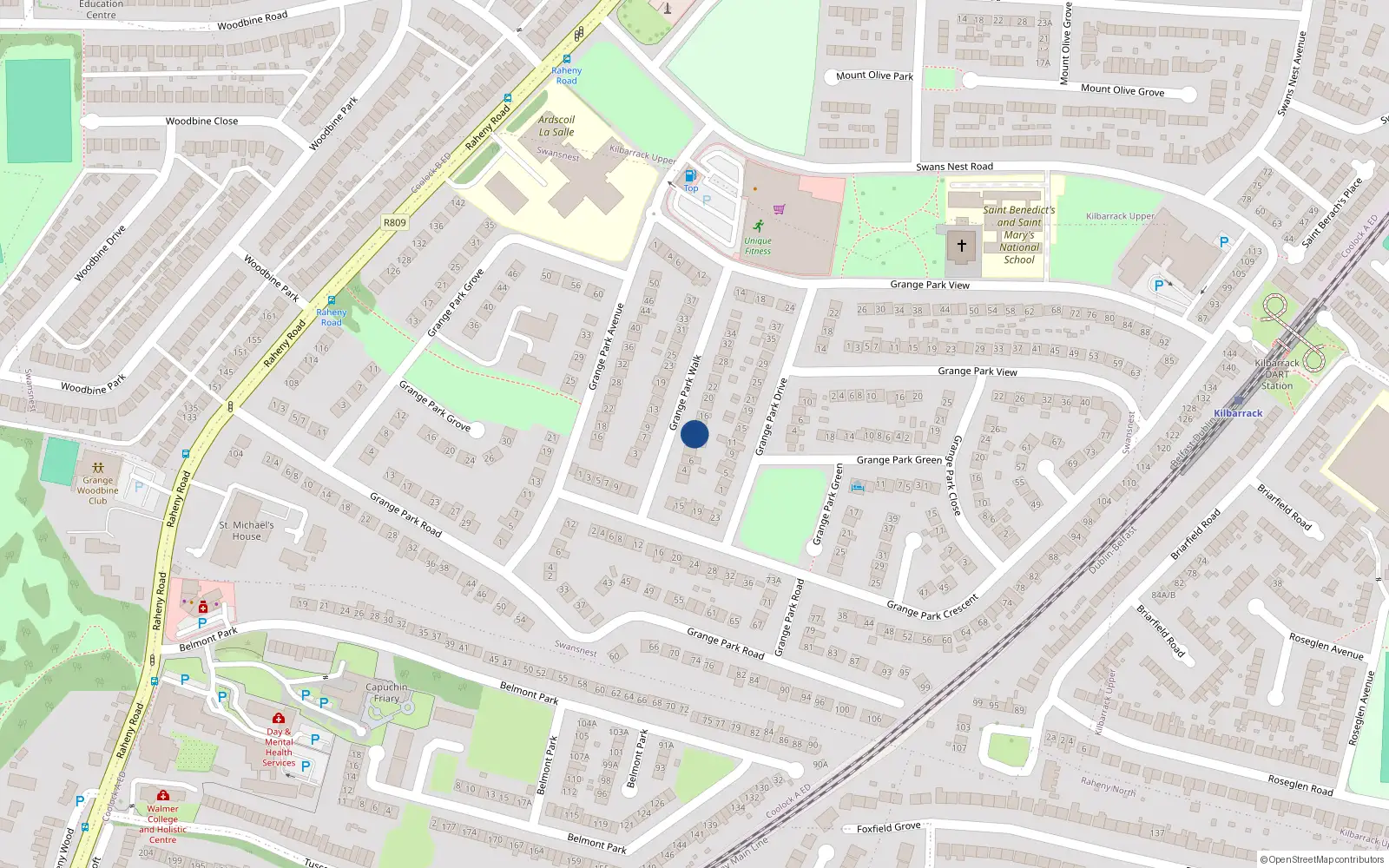 Overhead map showing the location of 12 Grange Park Walk, Raheny, Dublin 5