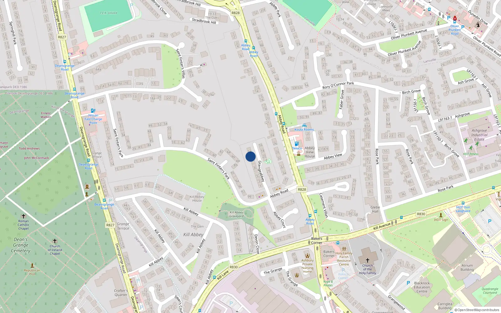 Overhead map showing the location of 12 Grangeabbey, Abbey Road, Monkstown