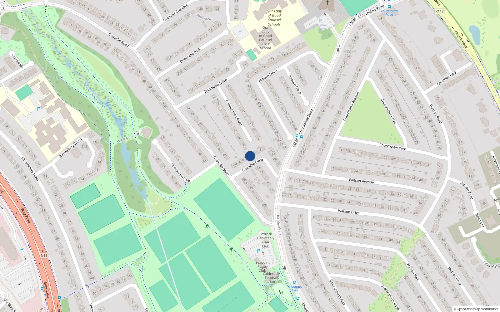 Overhead map showing the location of 12 Granville Close, Dublin