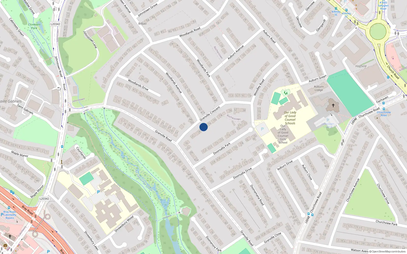 Overhead map showing the location of 12 Granville Crescent, Dun Laoghaire, Dublin