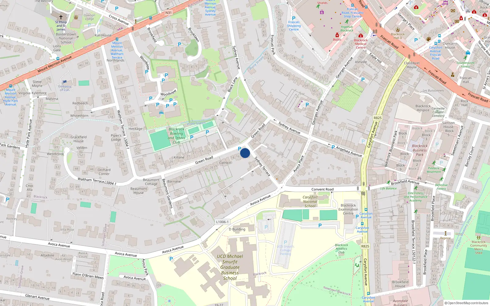 Overhead map showing the location of 12 Green Road, Blackrock, Dublin