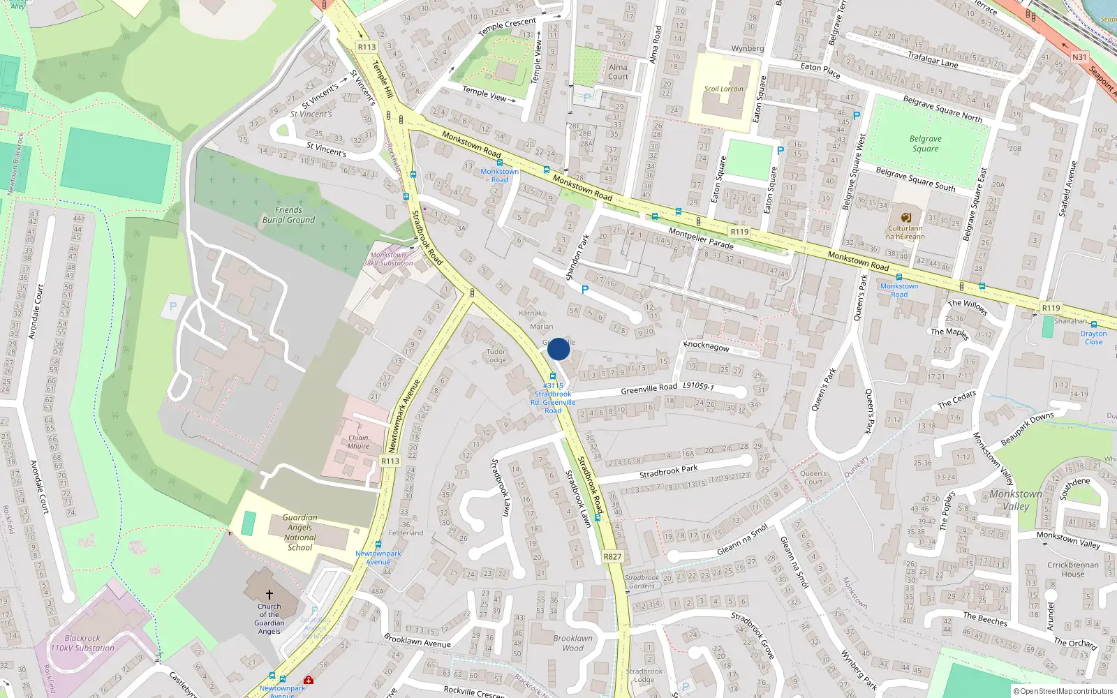 Overhead map showing the location of 12 Greenville Court, Stradbrook Road, Blackrock