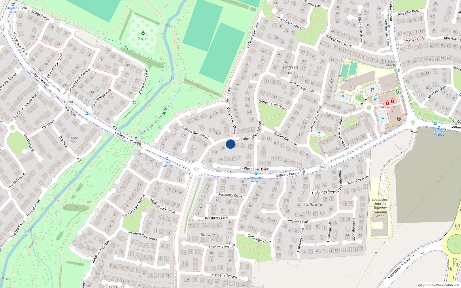 Overhead map showing the location of 12 Griffeen Glen Avenue, Lucan