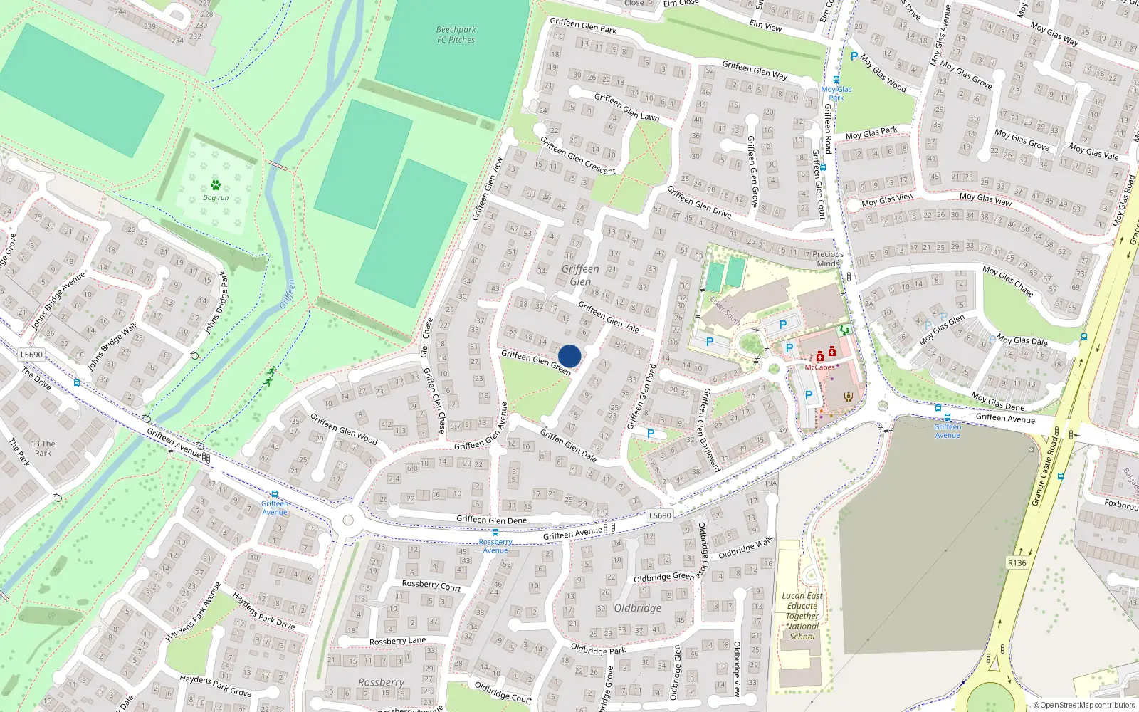 Overhead map showing the location of 12 Griffeen Glen Green, Lucan