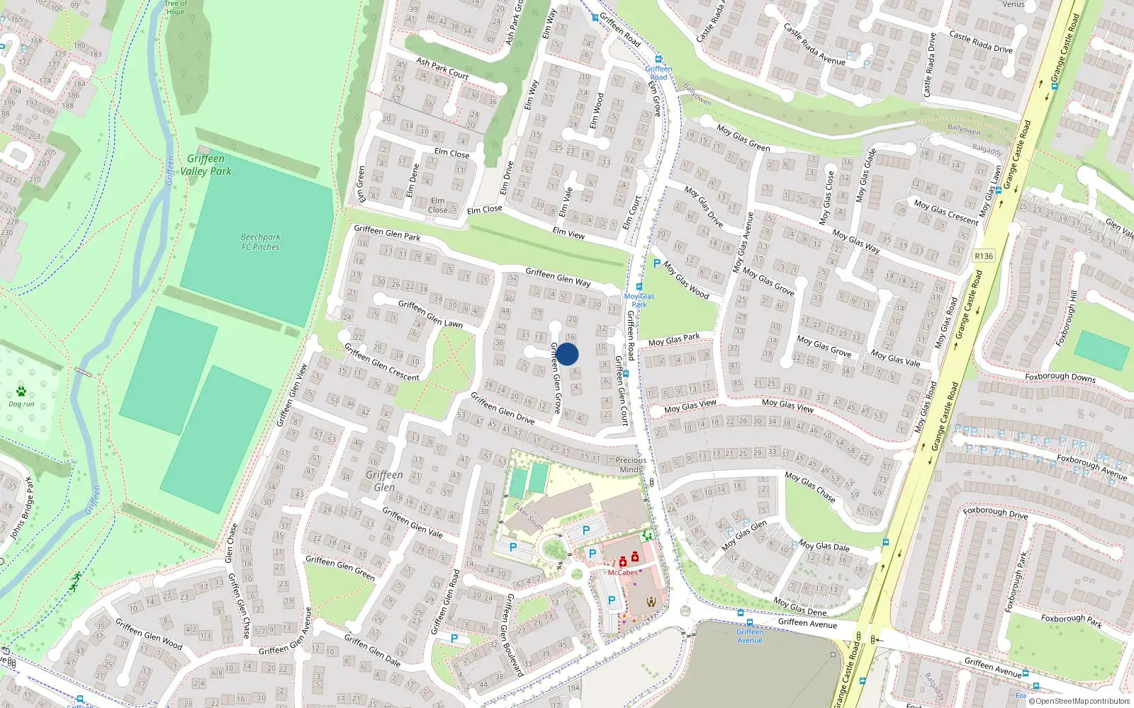 Overhead map showing the location of 12 Griffeen Glen Grove, Lucan, Dublin