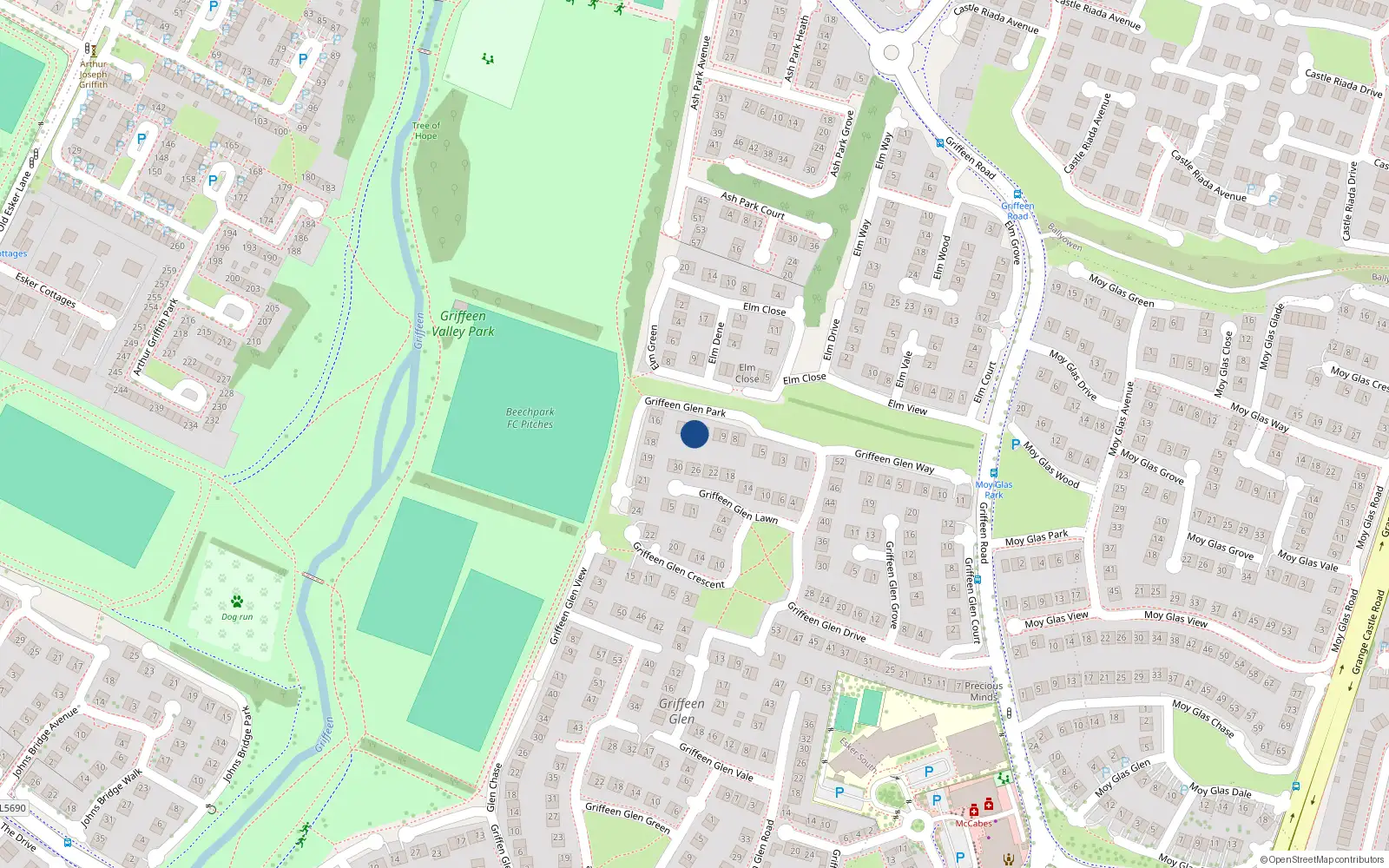 Overhead map showing the location of 12 Griffeen Glen Park, Lucan, Dublin