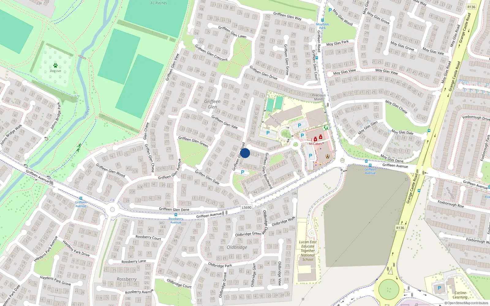 Overhead map showing the location of 12 Griffeen Glen Road, Lucan