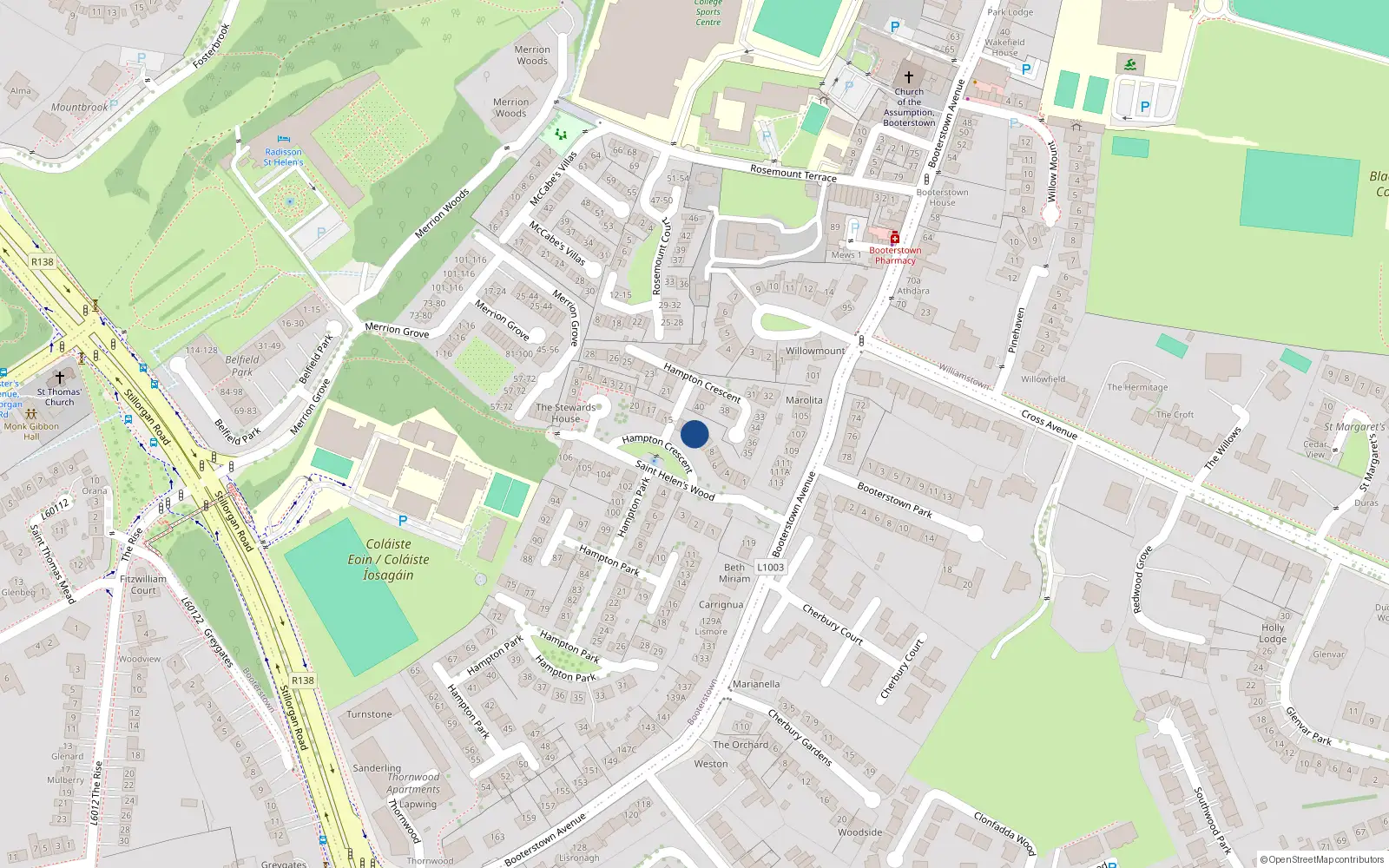 Overhead map showing the location of 12 Hampton Crescent, Booterstown