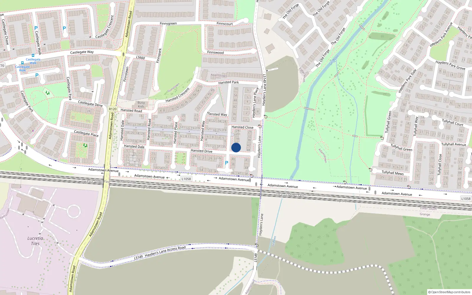Overhead map showing the location of 12 Hansted Close, Lucan