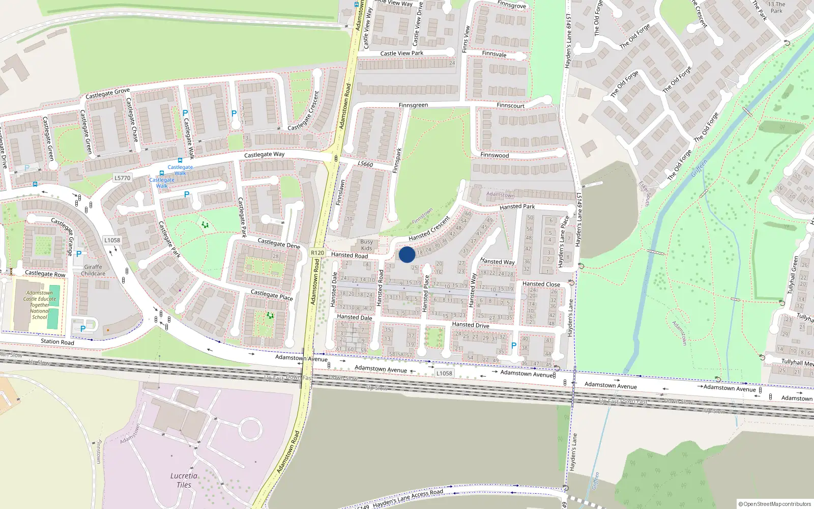 Overhead map showing the location of 12 Hansted Crescent, Lucan