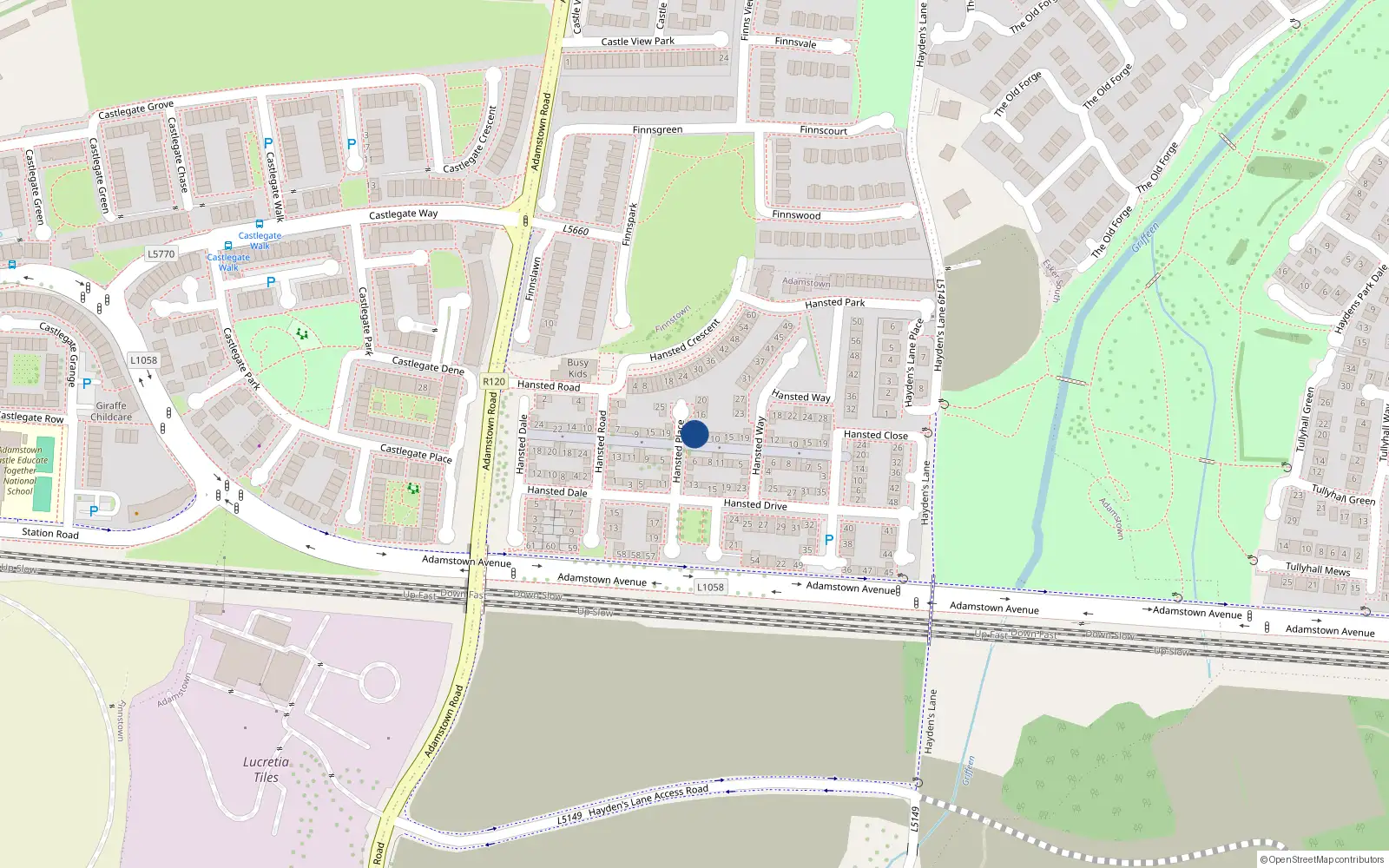 Overhead map showing the location of 12 Hansted Place, Finnstown, Lucan