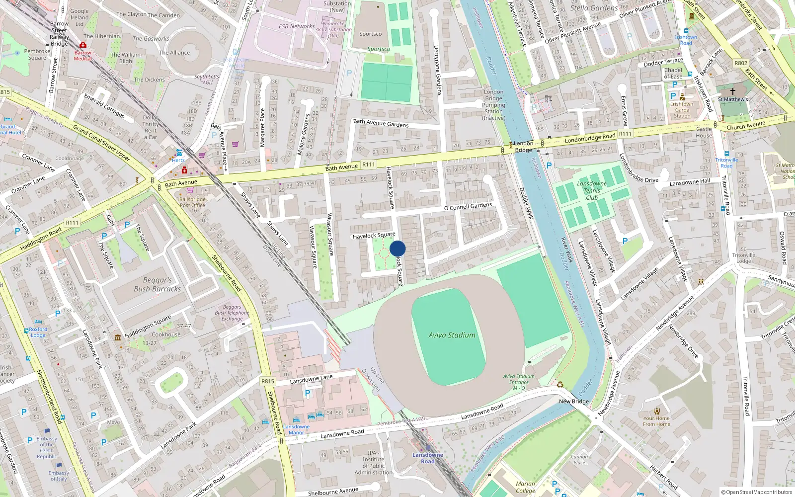 Overhead map showing the location of 12 Havelock Square, Dublin
